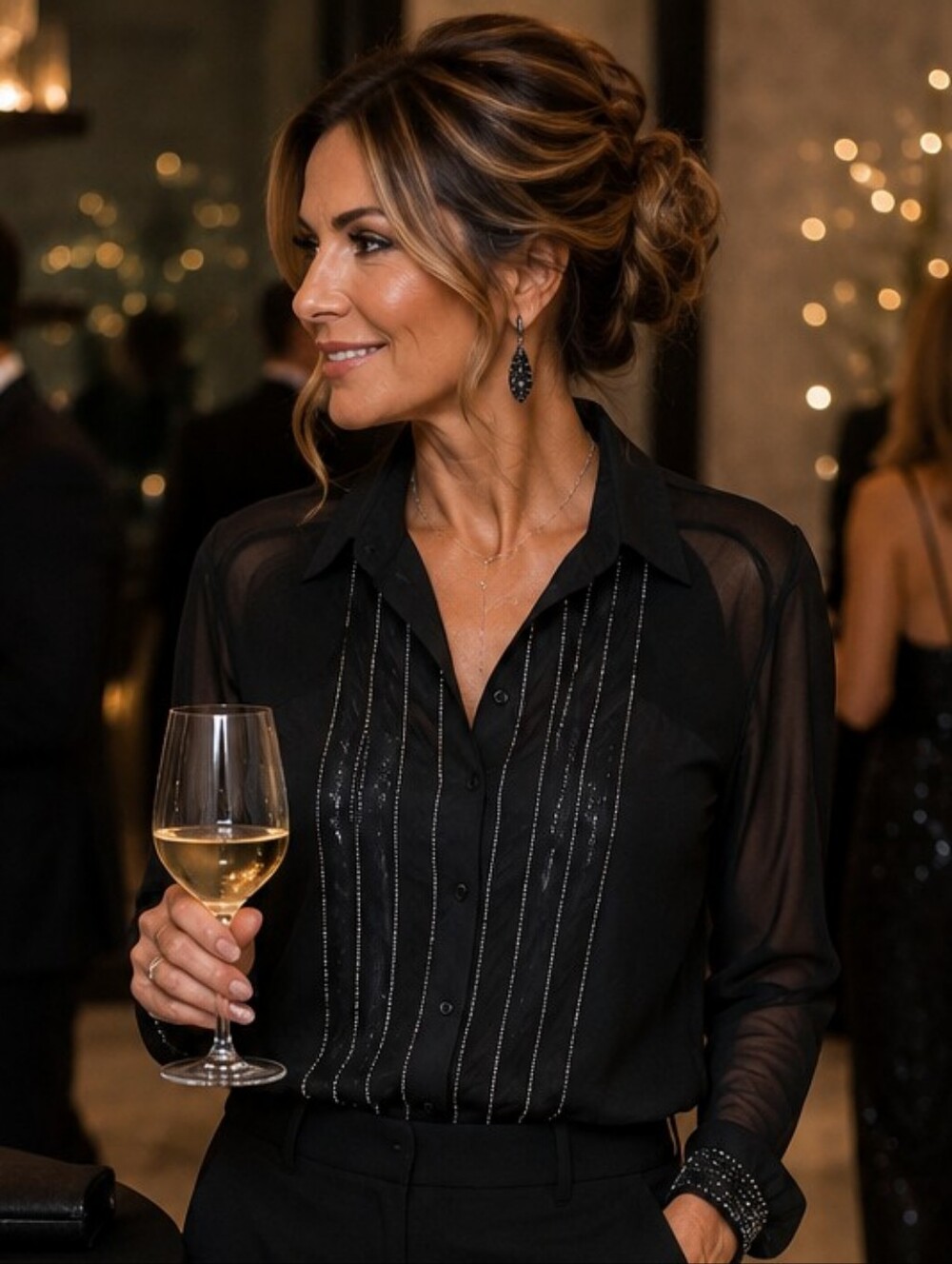 Anne Fontaine Rocca Blouse w/ Jeweled Pinstripes and Mesh Sleeves